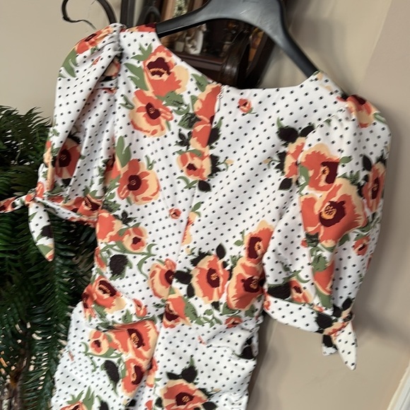 Lavish Alice White Orange Floral Polka Dot Ruched Mini Dress Puff Sleeves - Picture 12 of 16